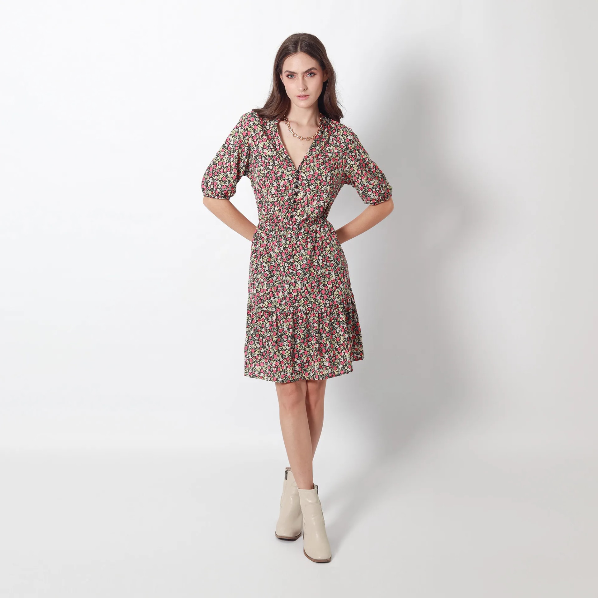 Vestido Cuello V Manga Corta - imagen 1